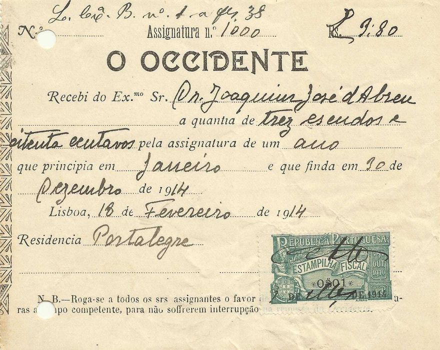 Recibo antigo - 1914 - Revista O OCCIDENTE - selo fiscal