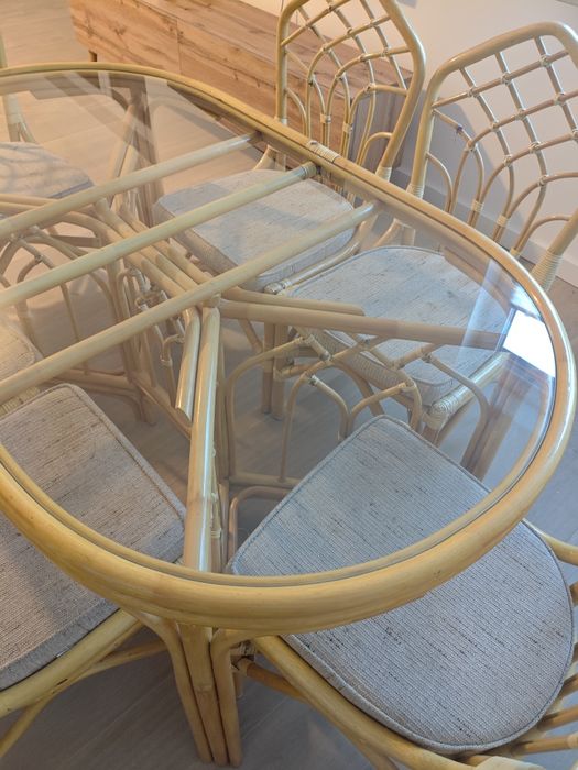 Stół szklany rattanowy + 6 krzeseł