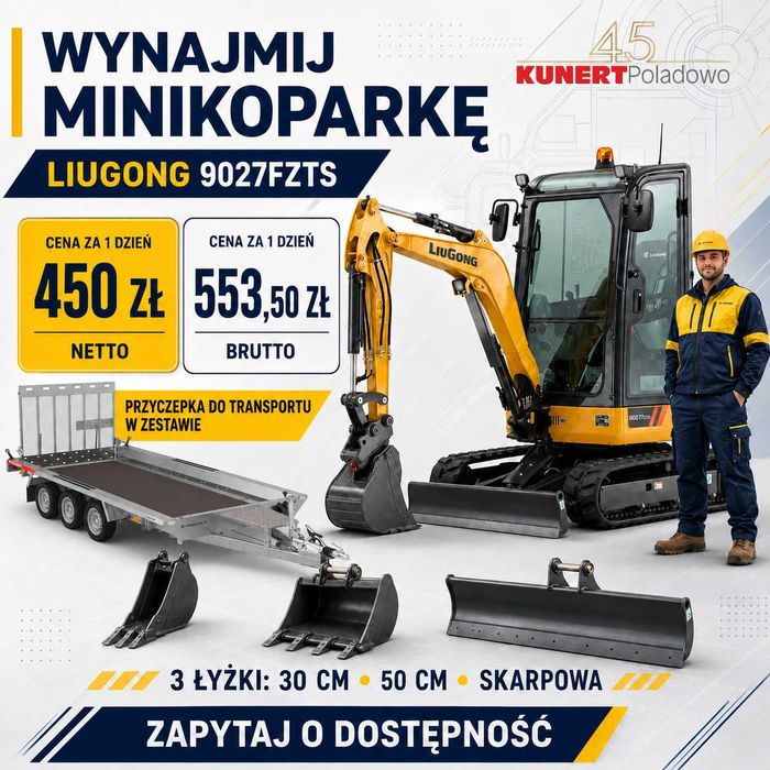 Wynajem minikoparki LiuGong 9027FZTS + przyczepka i 3 łyżki