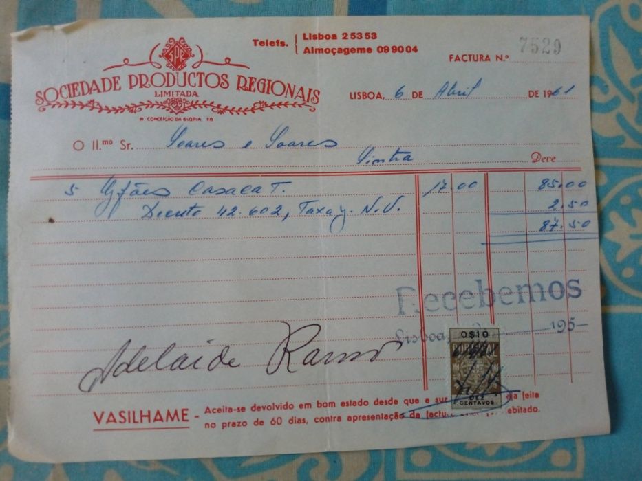 Facturas e Recibos de casas comerciais antigas de Lisboa