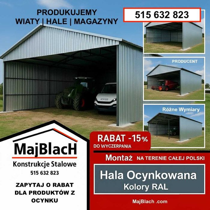 OCYNKOWANA Wiata Otwarta / Garaż Blaszany /HALA /WIATA– Maj-Blach