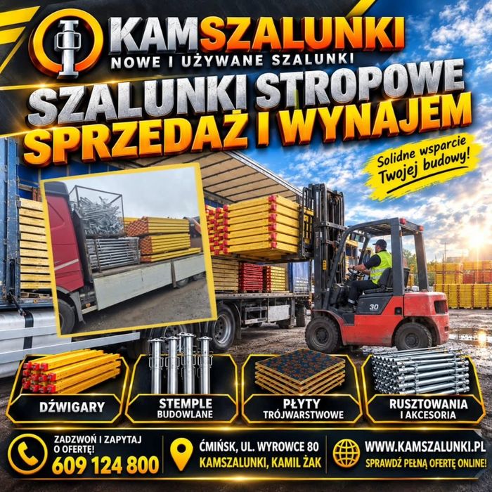 Płyta czarna topolowa Płyta Trójwarstwowa Blaty szalunkowe Szalunki stropowe Dźwigary  h20 Głowice Trójnogi Korony stojak  Żabki Szalunkowe Stemple
