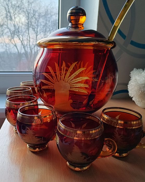 Крюшонница с бокалами винтажное богемское стекло