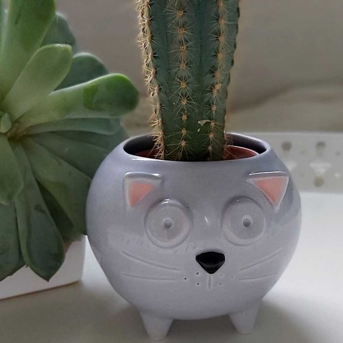 Mała szara doniczka ceramiczna kot - rękodzieło na prezent - Lamabo