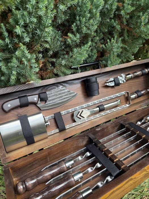 Шампура 3 мм для шашлыка в деревянном кейсе на подарок мужчине мужу