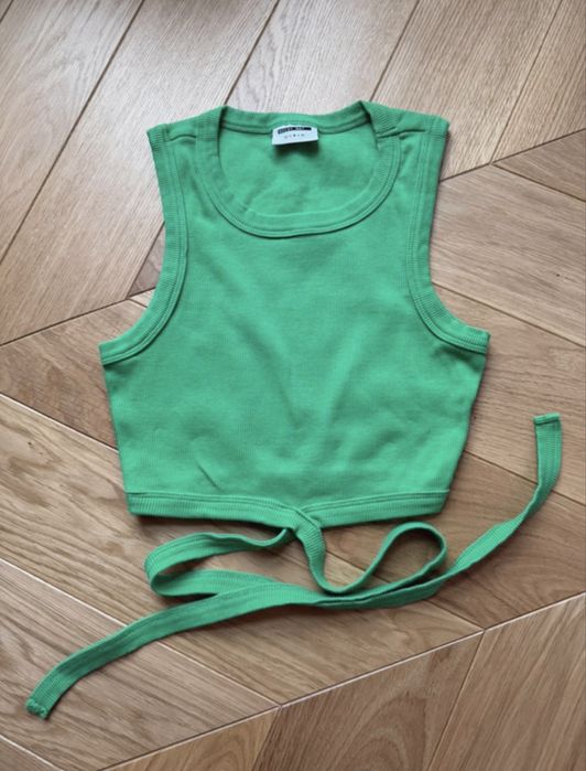 Zielona wiązana bluzka bawełniana / Green tied cotton crop top / XS