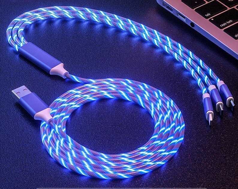 USB кабель 3 в 1  для  Apple  Type C  Микро USB силиконовая неоновая
