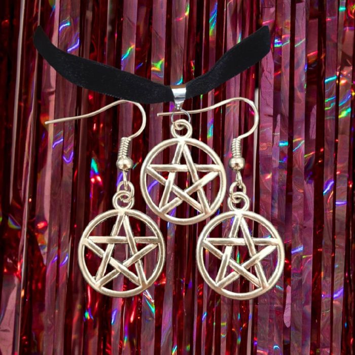 Komplet choker czarna aksamitka kolczyki pentagram witch wicca gotycki