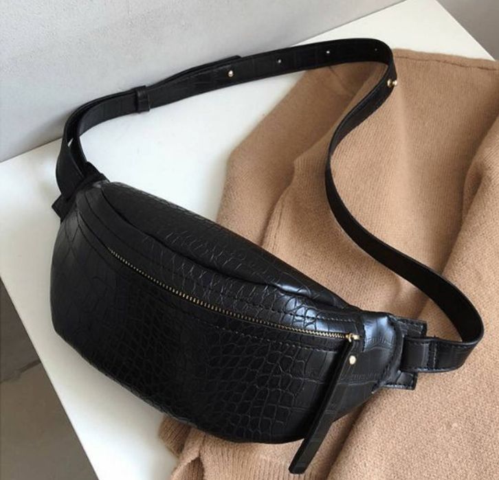 Трендова бананка, сумка із тисненням. Поясна сумка, жіноча чорна