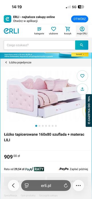 Łóżko tapicerowane LILI 160x80 szuflada + materac
