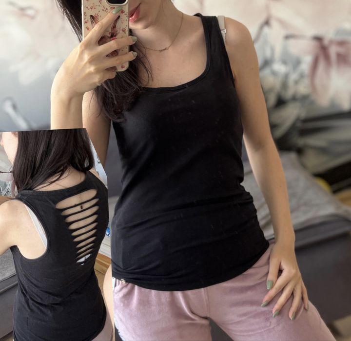 Czarna bluzka bez ramion, ozdobne rozdarcia na plecach r. S/M