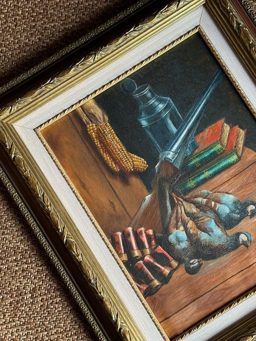 Quadro pintura com motivos de caça a óleo assinada