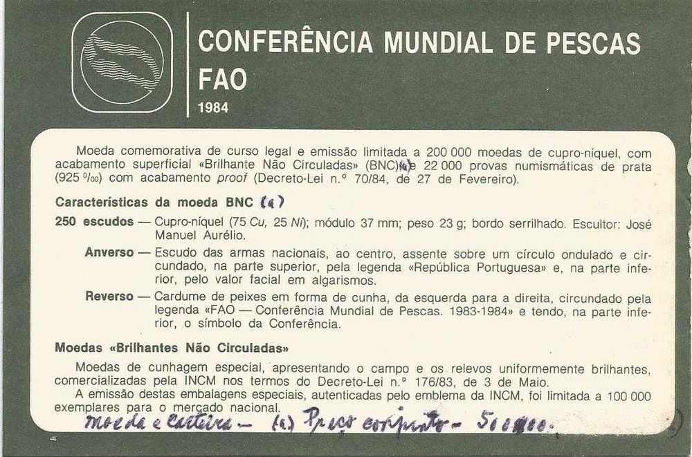 Portugal 250 escudos, 1984 Conferência Mundial de Pescas - FAO