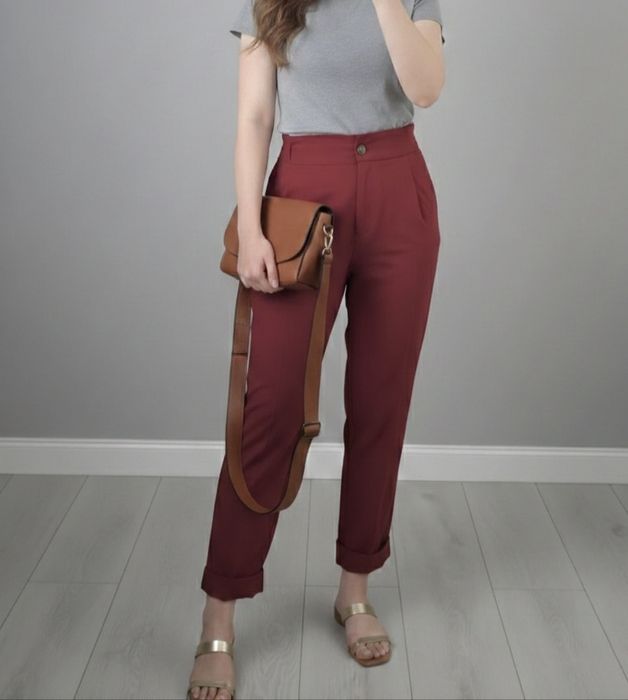 Eleganckie spodnie cygaretki z wysokim stanem – Bordowe / Burgund