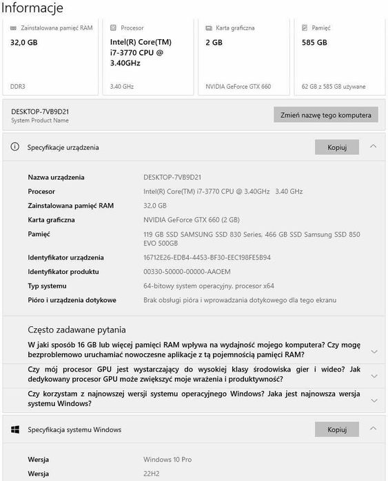 Komputer i7 -3770 | 32GB RAM | 2x SSD Samsung 850 EVO  | GTX 660 |