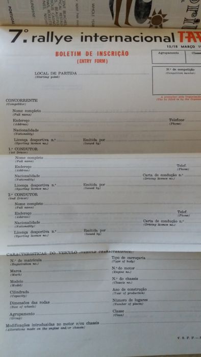 Regulamento Rally TAP 1973 com ficha de inscrição- RARO