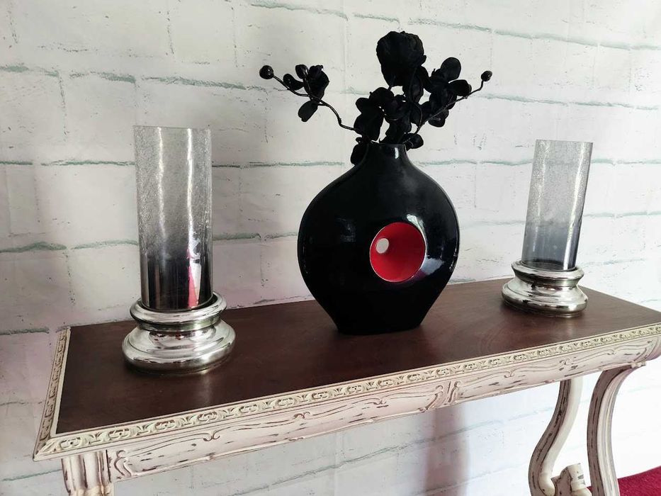 Par de porta velas em vidro e metal