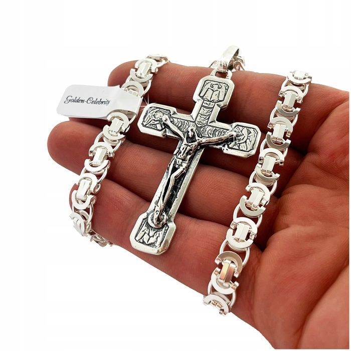 Gruby Łańcuszek Srebrny Męski Splot Krolewski 7 Mm + Krzyżyk 925 + Gra