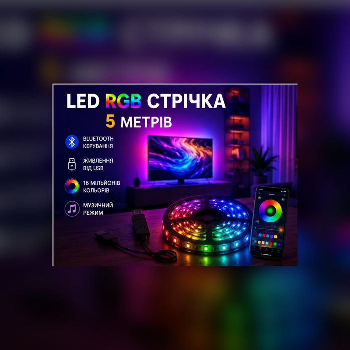 Атмосферна LED підсвітка RGB, 5 м для кімнати, ТВ, робочого місця, кухні, або геймерської зони. USB


Продається RGB LED