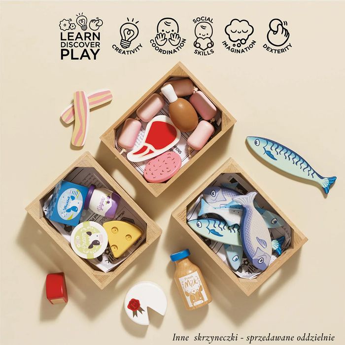 Drewniany nabiał w skrzynce, zabawka dla dzieci, stragan, sklep LTV