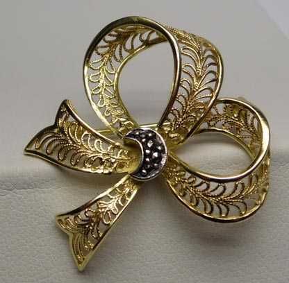Filigranowa broszka kokarda markazyty srebro złocone WILLI NONNENMANN