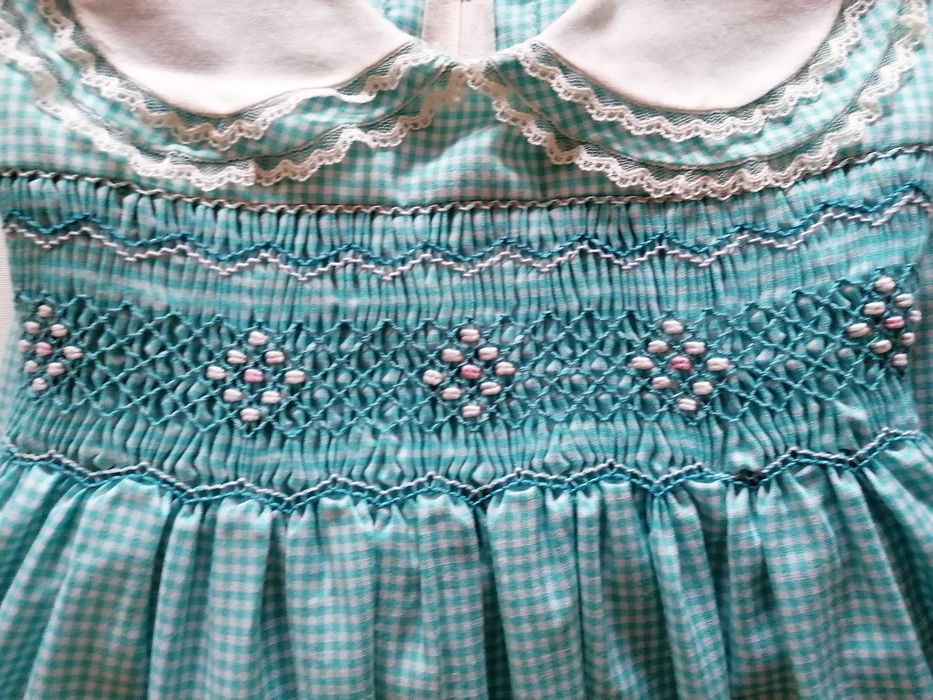 Vestido Cerimónia Azul bebé axadrezado com favos de mel