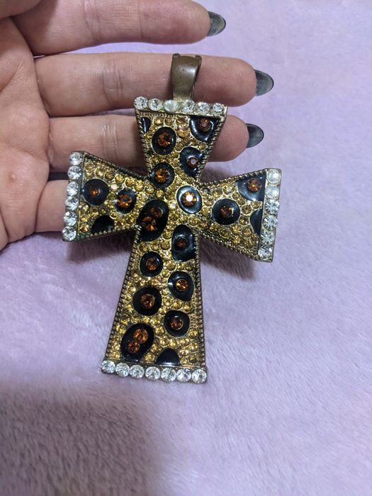 Cruz grande de bronze vintage pedras e enamel estilo Rap Hip Hop