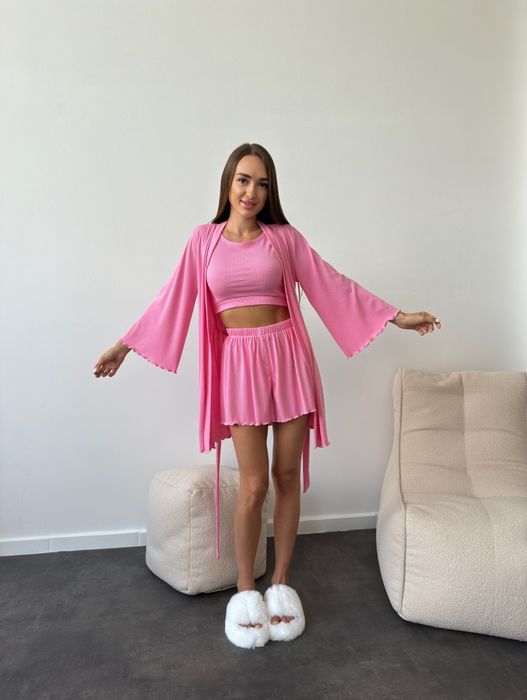 Набір 3 в 1 в рубчик піжама + халат топ шорти