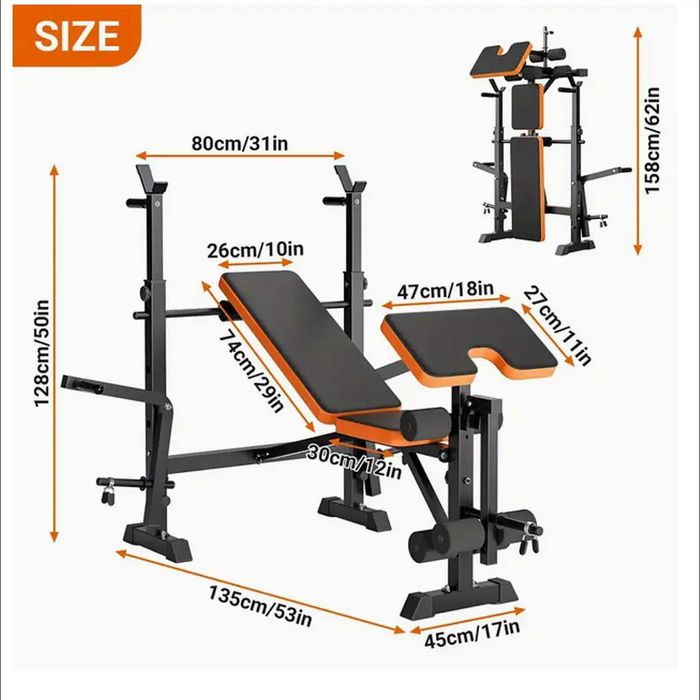 D38-Banco Musculação 6 em 1 com Suporte Agachamento, Banco Ajustável