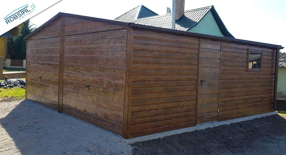 Garaż Blaszany 6x6 drewnopodobny, bramy uchylne FILC GRATIS