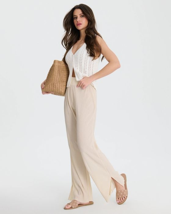 Штани Sinsay бежеві широкі з розрізами, розмір S M рубчик висока посад