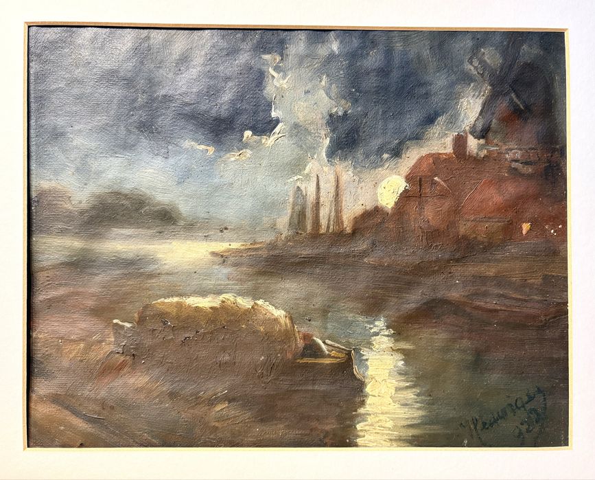 Antiga pintura de paisagem marítima em óleo sobre tela - assinada