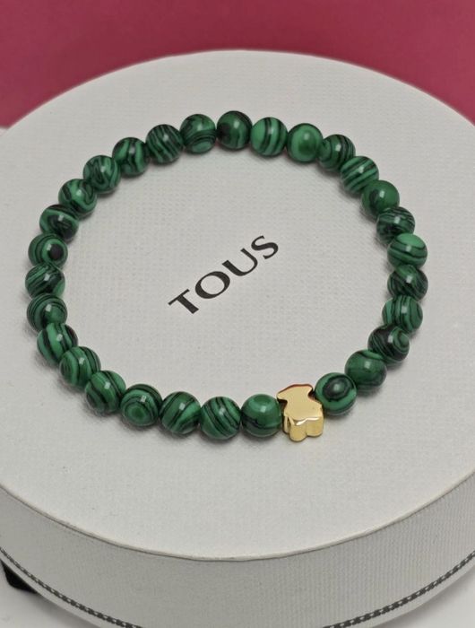 Bransoletka 17,19 z malachitów z misiem żółte srebro vermeil 925