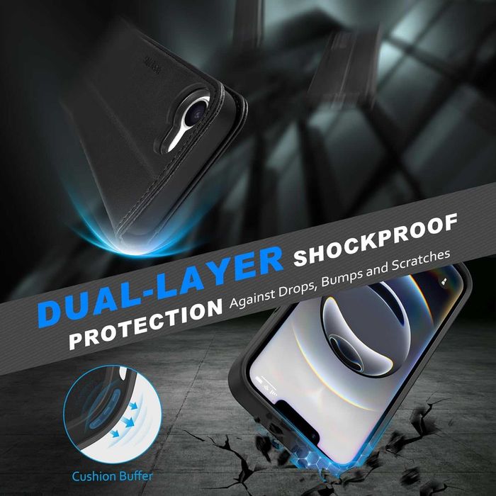 Shieldon naturalne etui skórzane iPhone 16e portfel klapką czarne 2w1