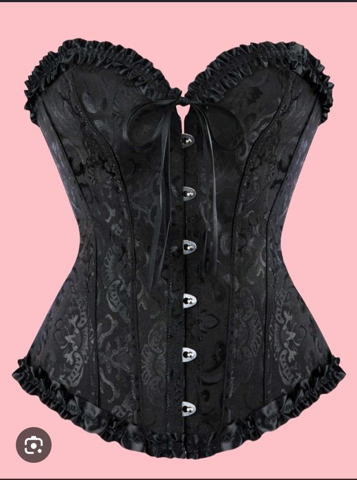 Czarny gorset overbust żakardowy gotycki / vintage z falbankami XS