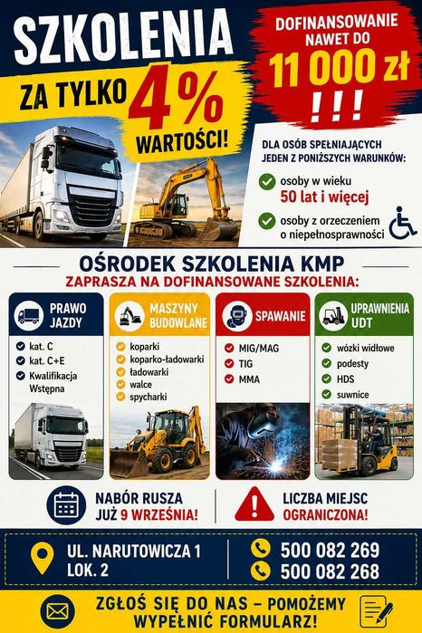 Szkolenia zawodowe tylko za 4% wartosci (łączna kwota dofinansowania to 11 000 zł.)