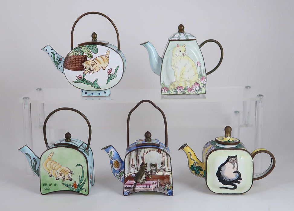 Conjuntos de 5 bules miniatura esmalte de cantão -Gatos