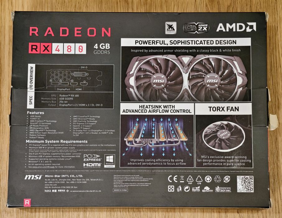 Відеокарта MSI Radeon RX 480 ARMOR 4GB OC (Повний комплект, обслужена)