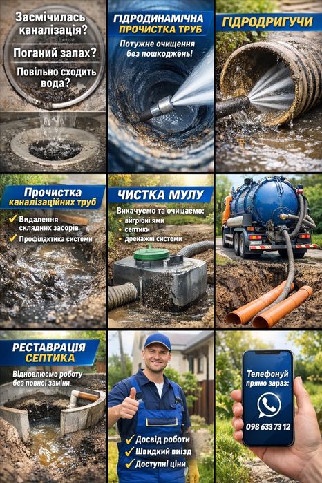 Ремонт,викачка ям септиків каналізацій дренажу труб. Гідродинаміка