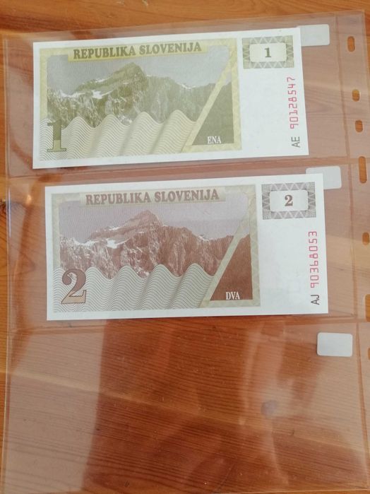 ESLOVÉNIA 4 Notas 2 NÃO CIRCULADAS 1, 2, e 100 e 200 Tolar  1978 em BC