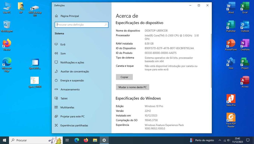 Computador Desktop HP i3 8GB RAM Disco 500GB SSD WiFi e Ecrã 19"