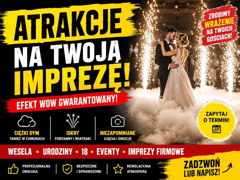 Ciężki Dym | Fontanny Iskier | Wiatraki Iskier | Fotobudka | Photobox | Miny Dymne | Selfie Mirror | LOVE | Pistolety CO2 | ATRAKCJE NA Twoją Imprezę