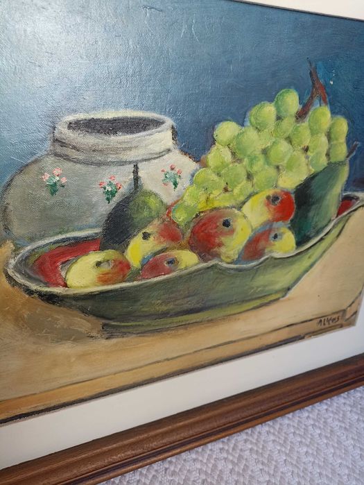 Quadro antigo com moldura pintado a óleo e assinado