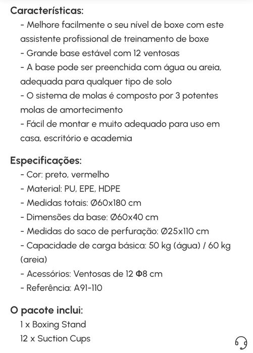 Saco boxe adulto 1,80 m de altura