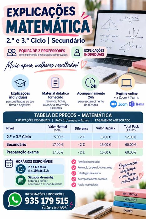 Explicações Individuais de Matemática  Online- 13€ | 2.º, 3.º Ciclo e Secundário