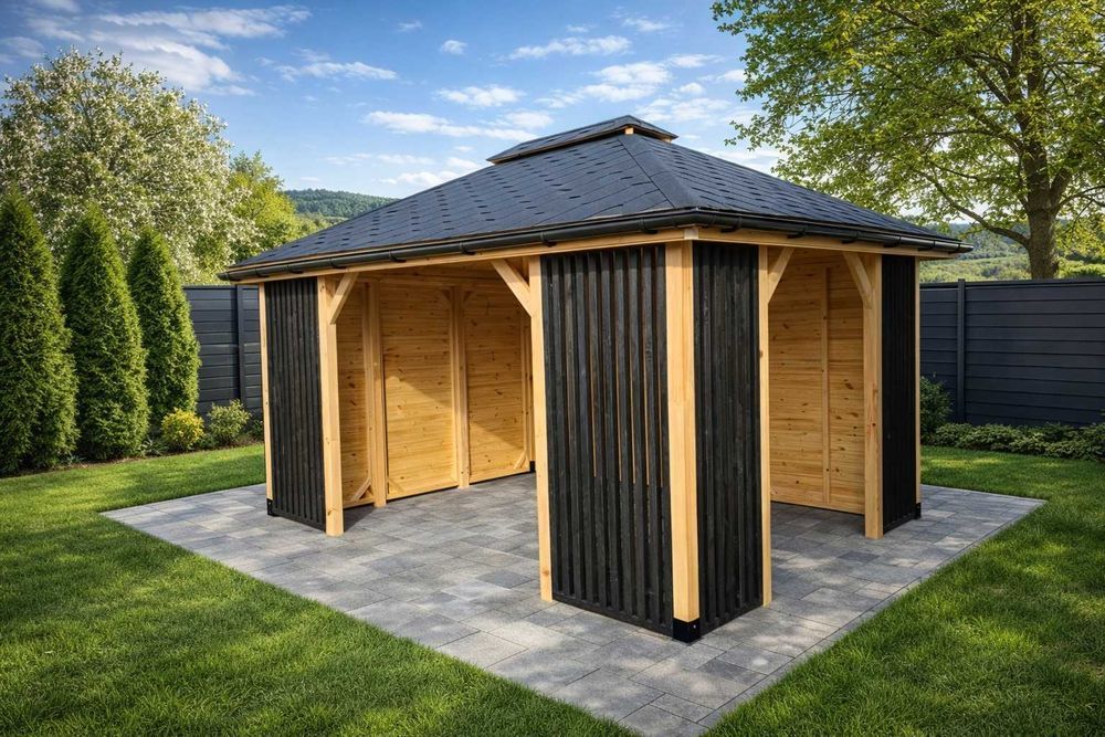 drewniana altana ogrodowa nowoczesna 4x4 do ogrodu na działkę montaż