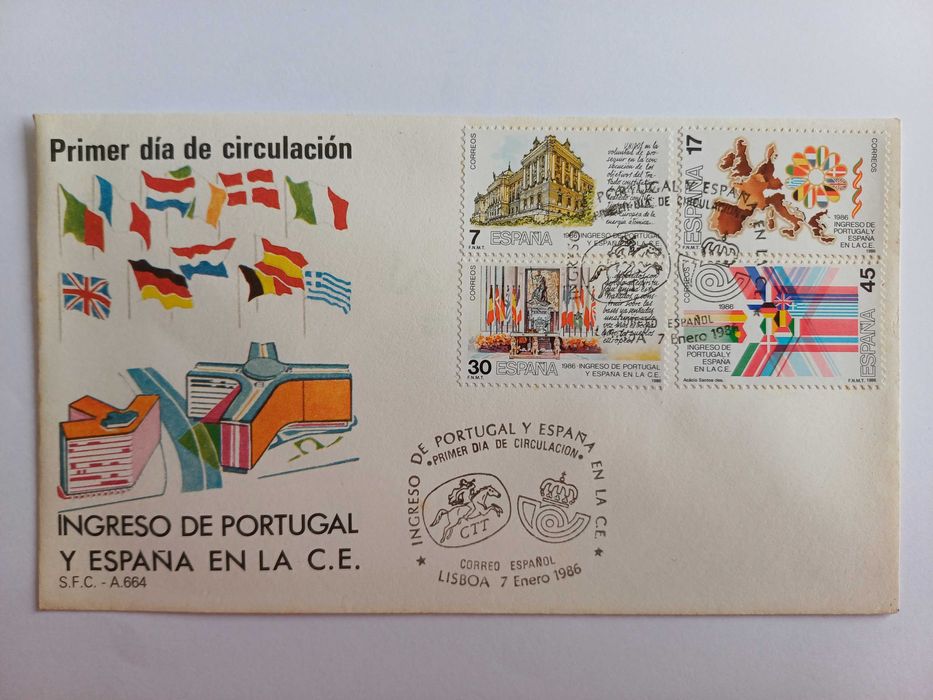 Espanha FDC Adesão Portugal e Espanha à CEE, com carimbo de Lisboa,