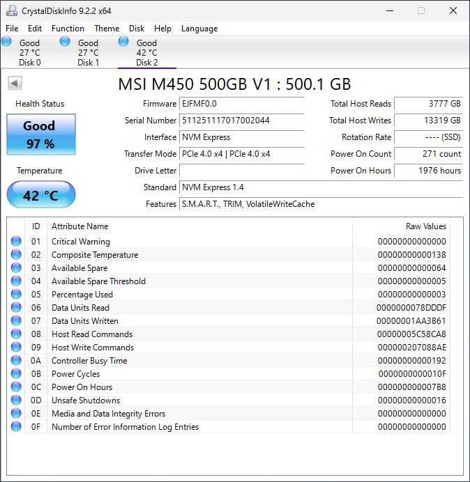 DYSK SSD M.2 MSI SPATIUM M450 500GB M2 PCIe 4.0 Nvme SZYBKI 3600/2300 MB/s