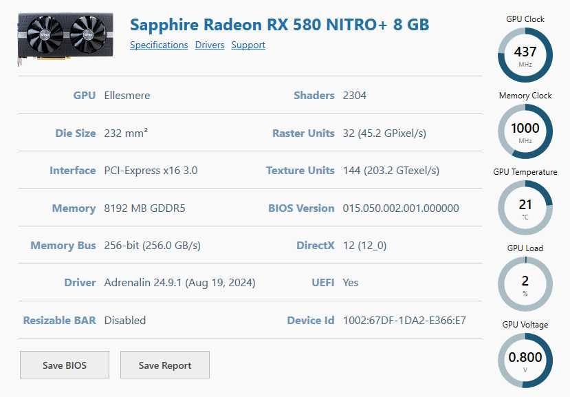 Placa de video / gráfica SAPPHIRE NITRO+ RADEON RX580 8GB DDR5