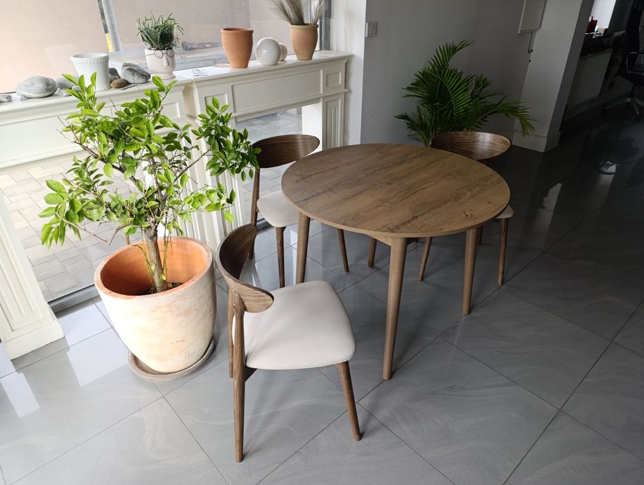 Stylowy Stół Okrągły do kuchni i salonu,100 cm, bukowe nogi, Różne wybarwienia